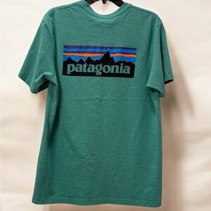 Patagonia Teal Big Logo Short Sleeve Tee with Graphic on Back